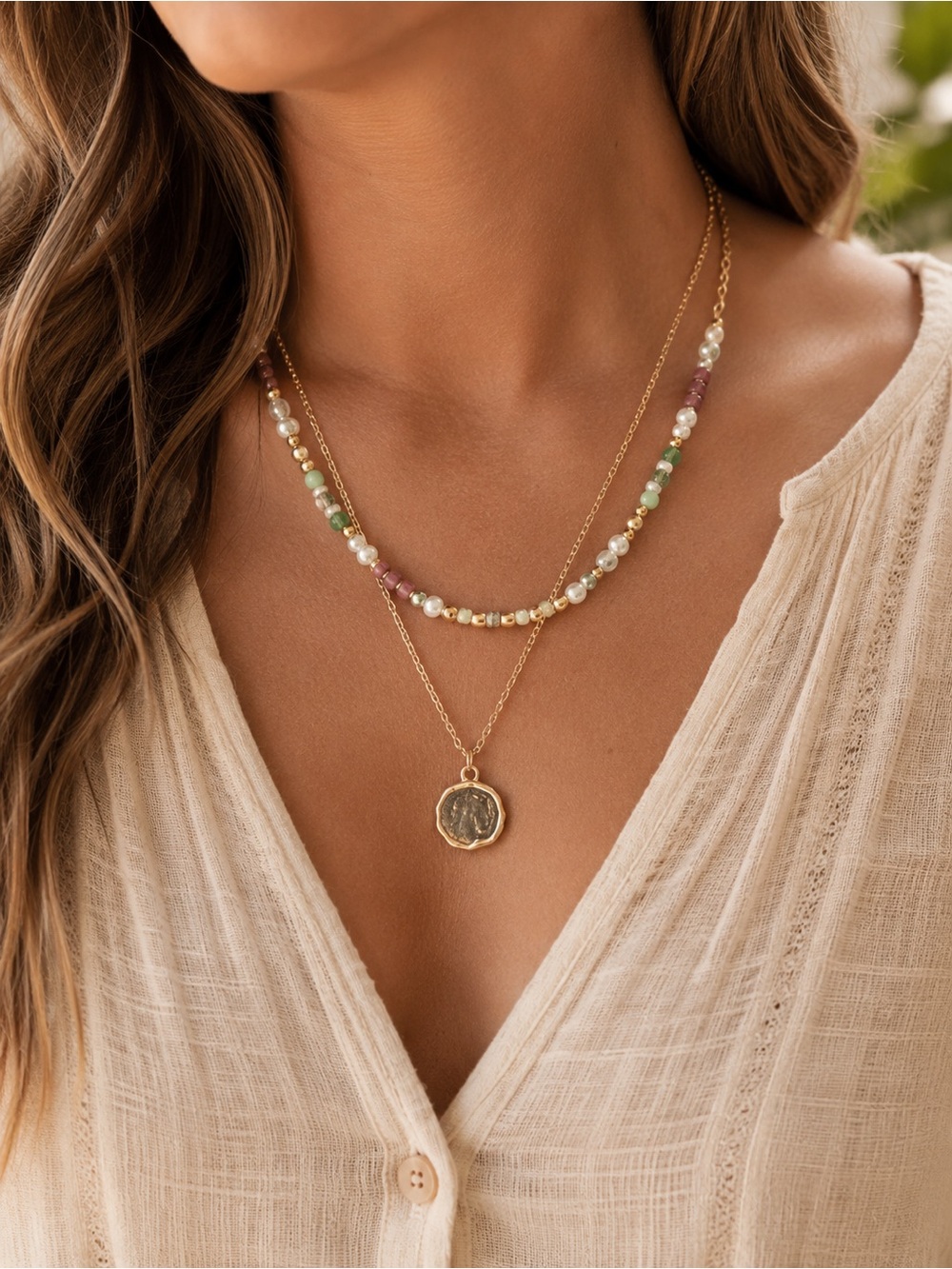 LOFT Layered Beaded Pendant Necklace Set NWT Gold Boho